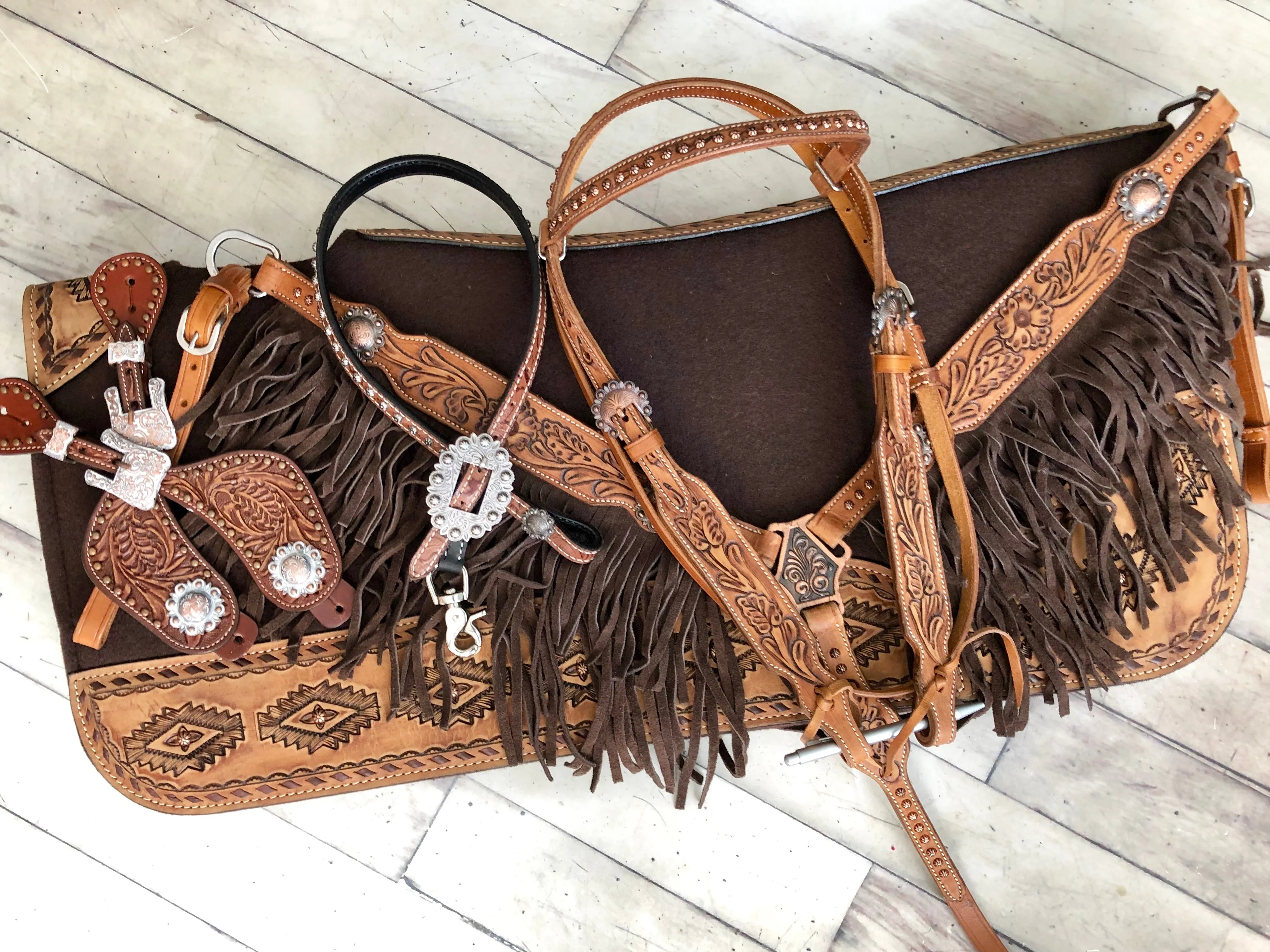 Tooled Leather Tack Set With Dark Suede Fringe