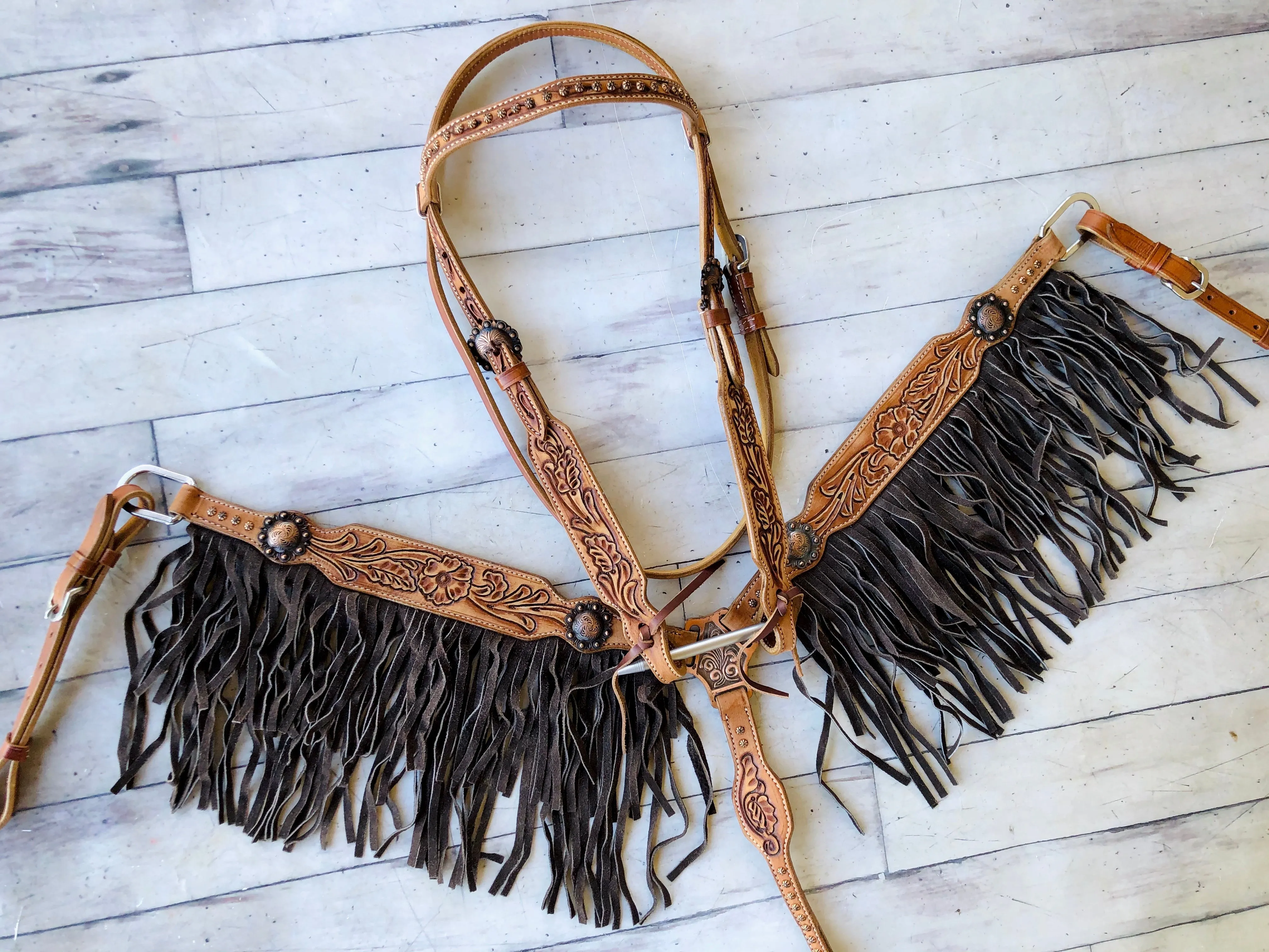 Tooled Leather Tack Set With Dark Suede Fringe