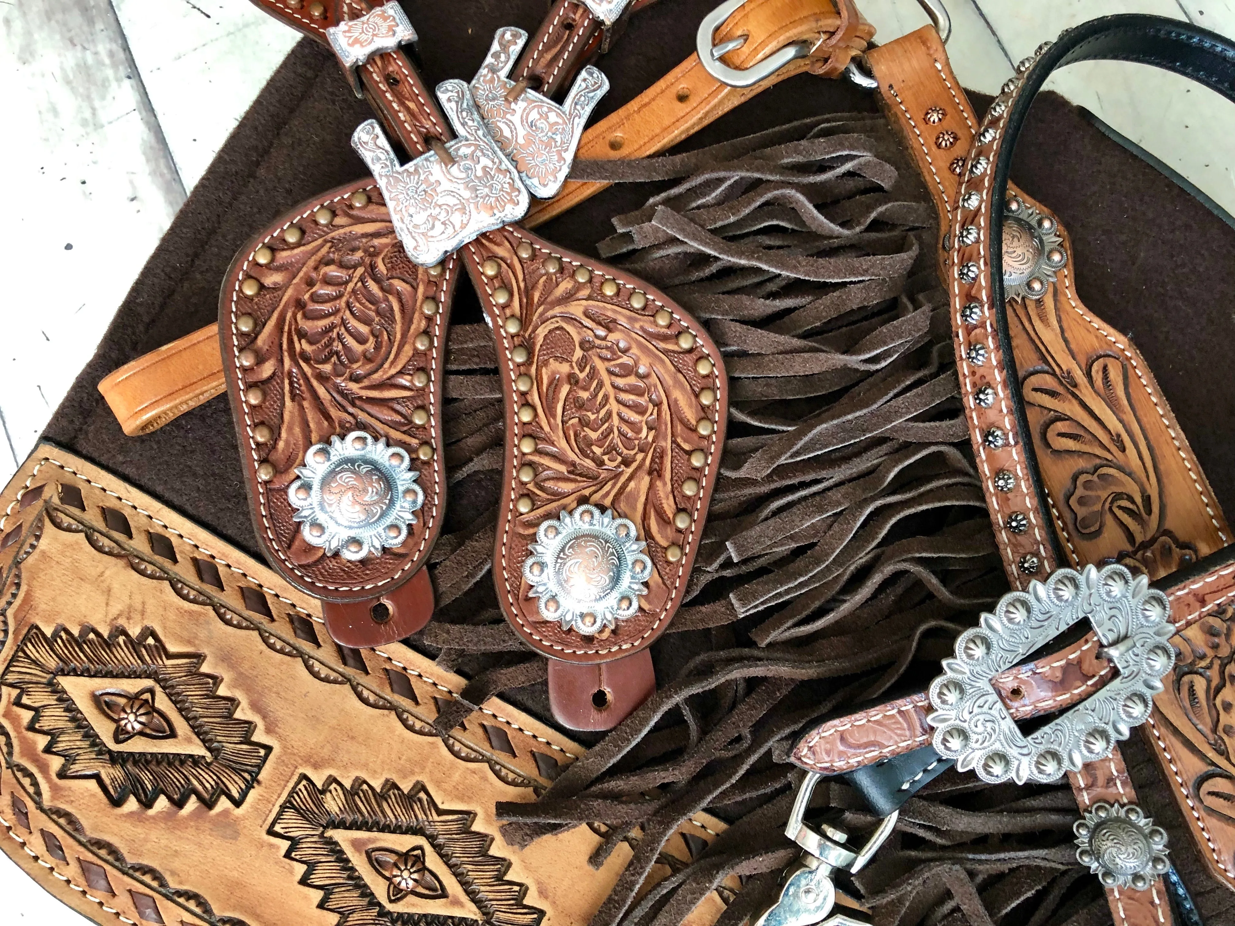 Tooled Leather Tack Set With Dark Suede Fringe