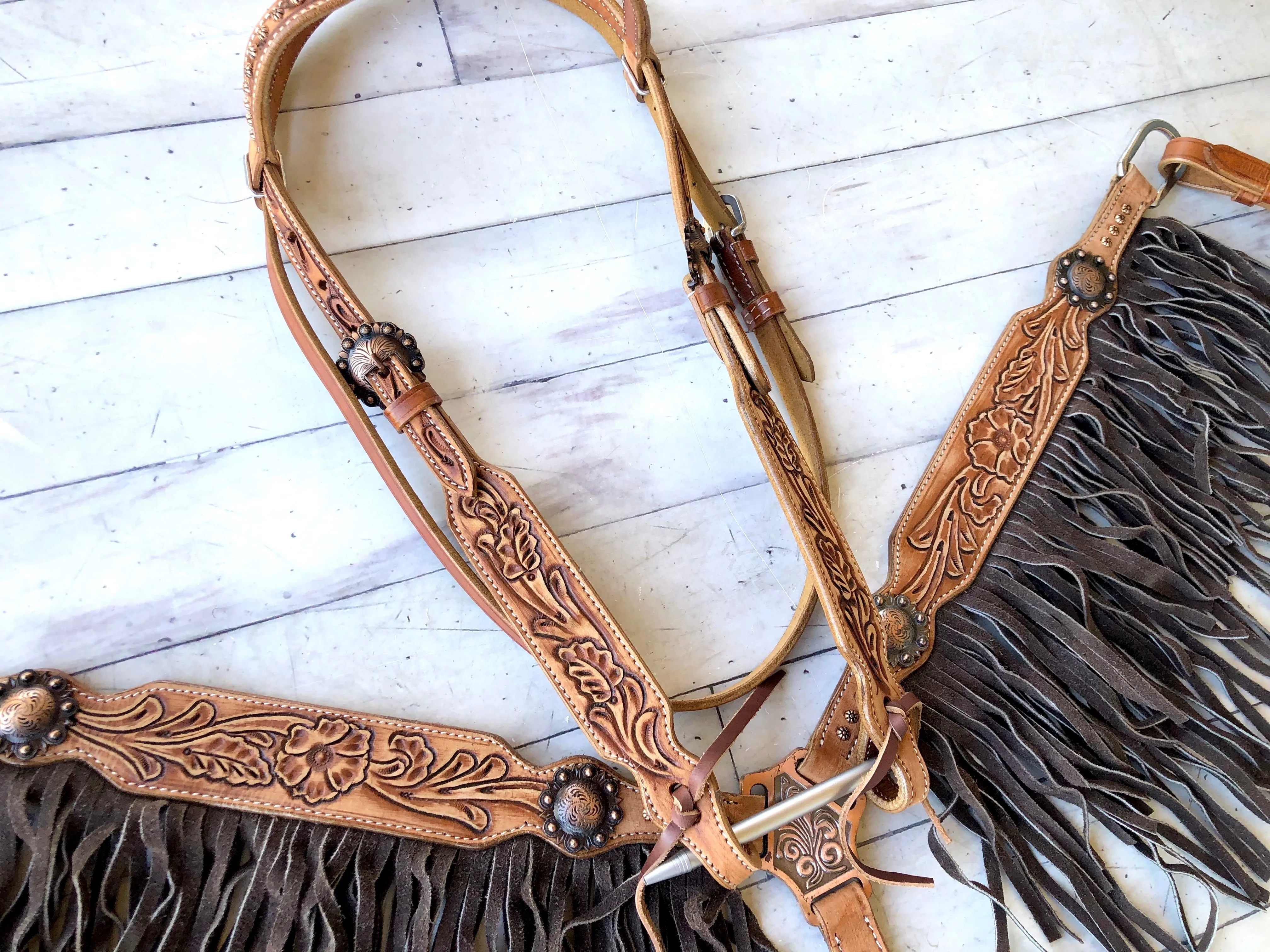 Tooled Leather Tack Set With Dark Suede Fringe