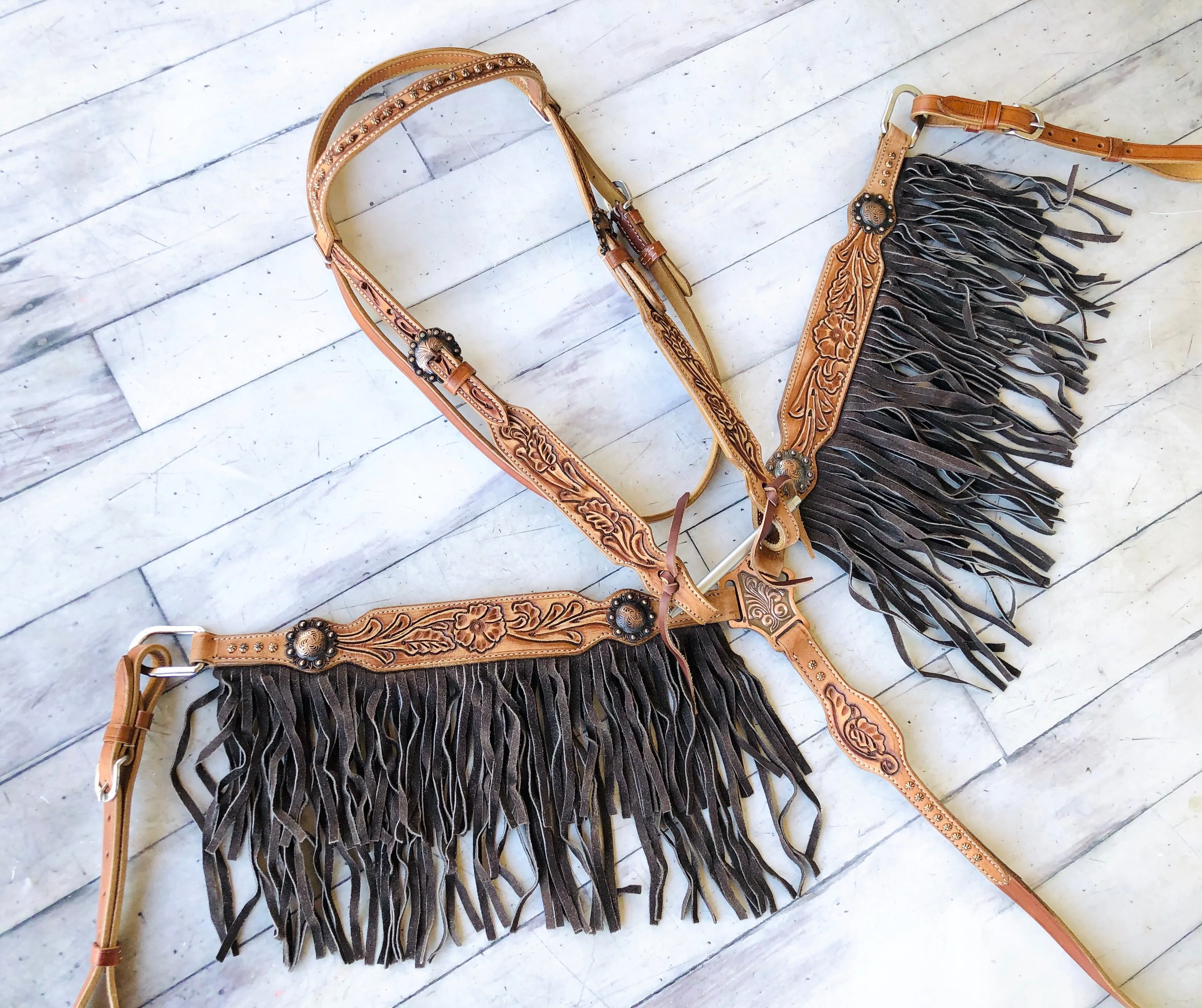 Tooled Leather Tack Set With Dark Suede Fringe