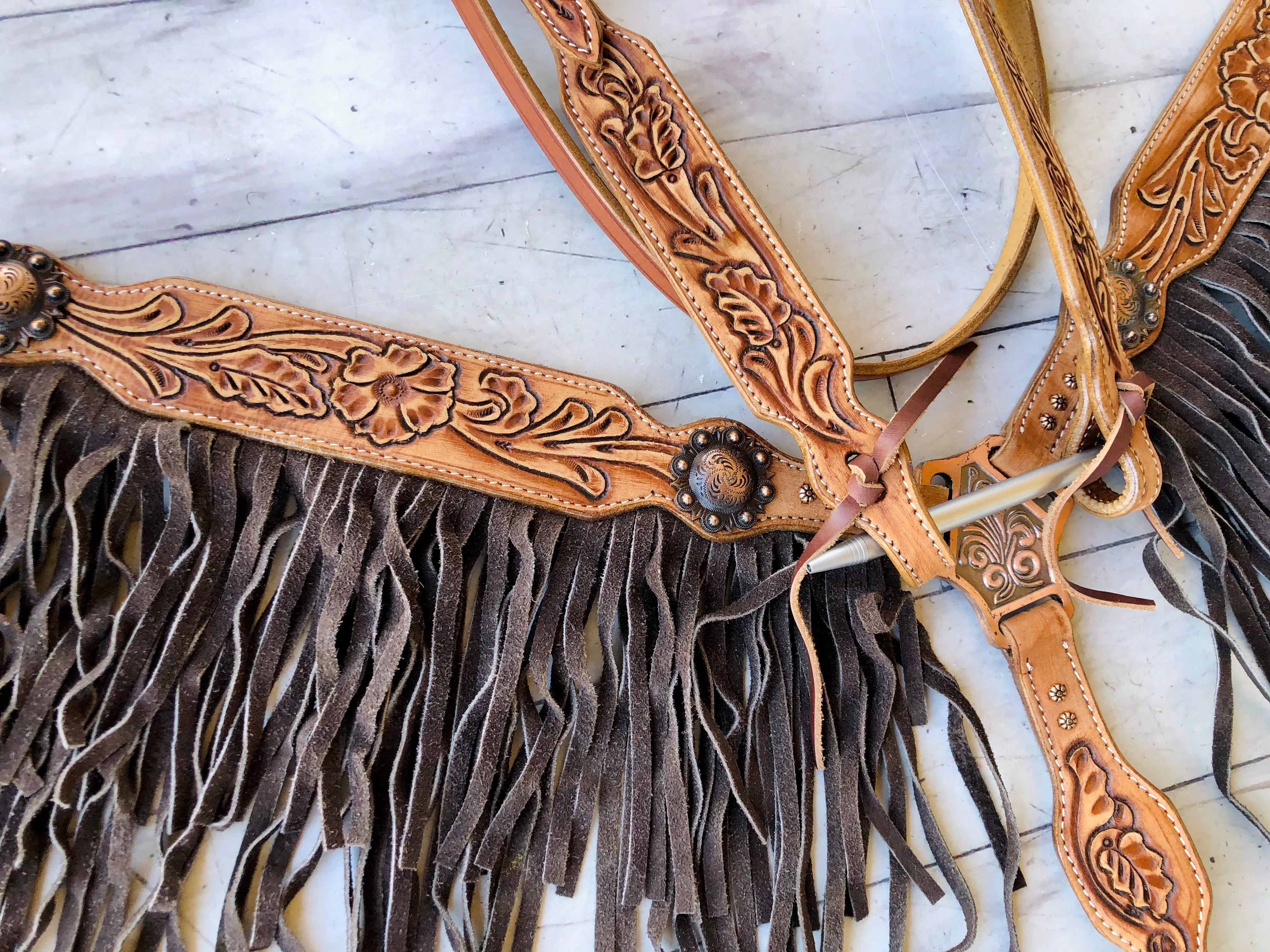 Tooled Leather Tack Set With Dark Suede Fringe