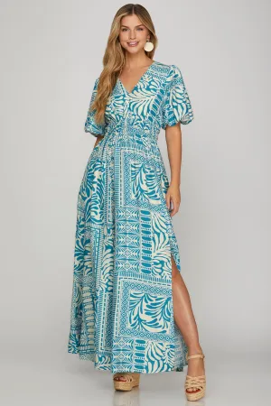 Turquoise & Cream Puff Sleeve Maxi Dress