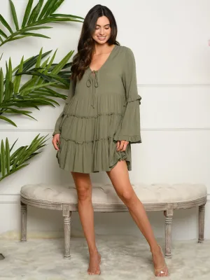 WOMEN'S LONG SLEEVE TIERED WOVEN MINI DRESS